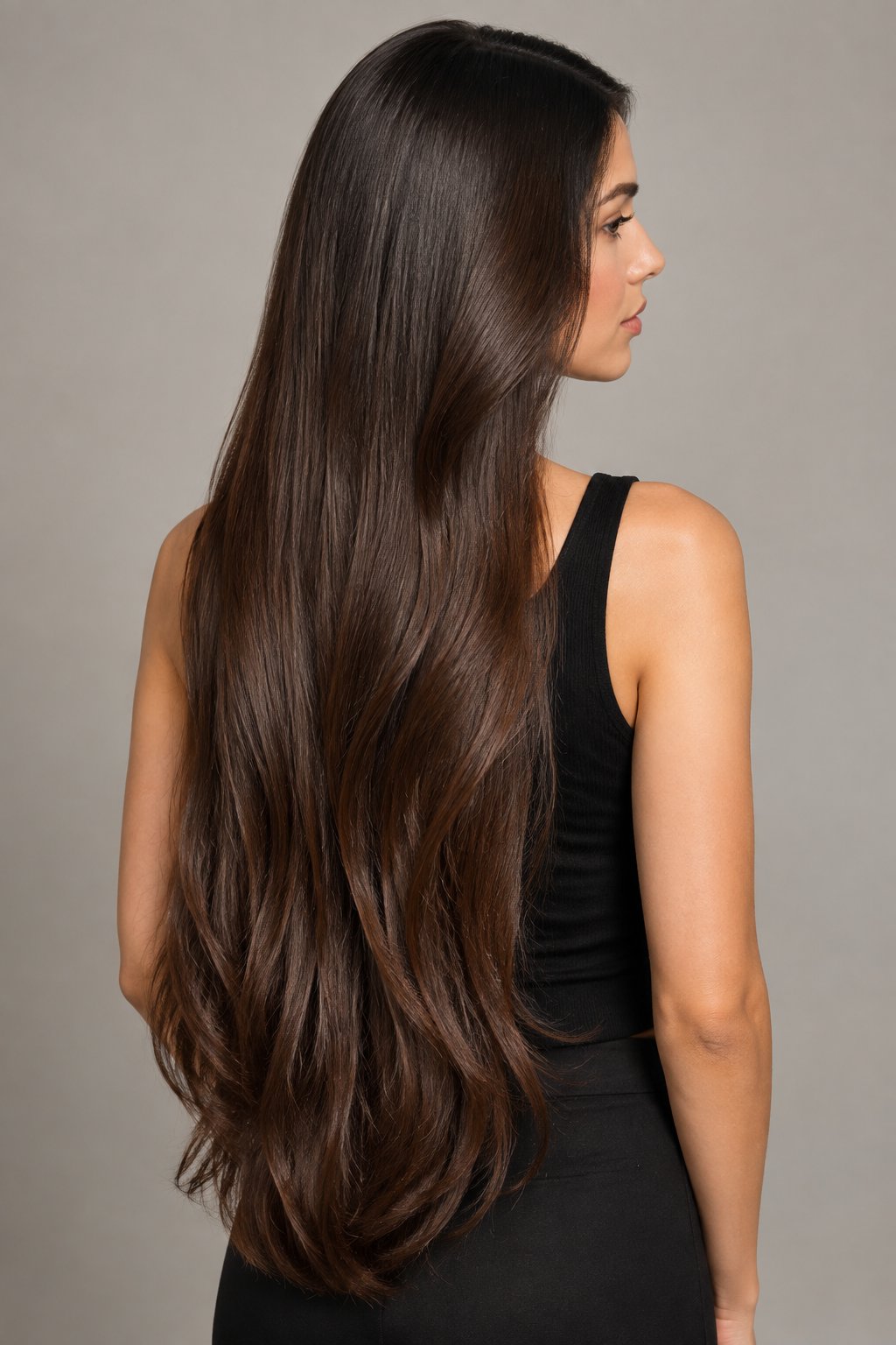 Deep chestnut brown very long straight hair with dark roots and subtle warm lengths.