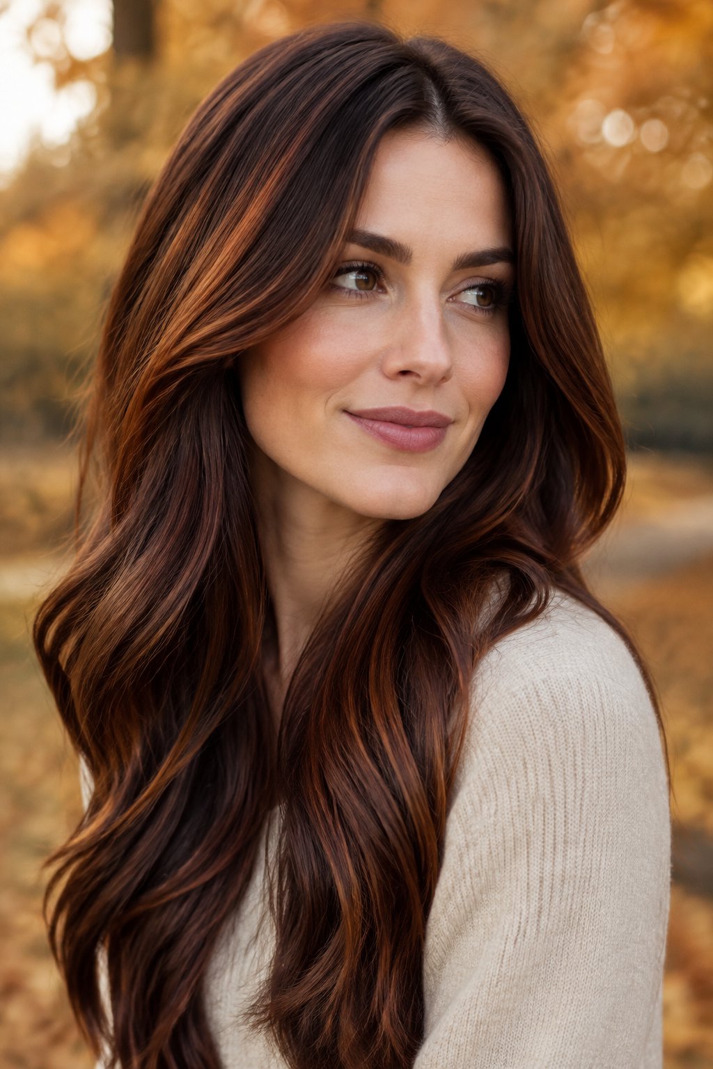 Deep cinnamon brown hair for autumn with rich red-copper undertones.