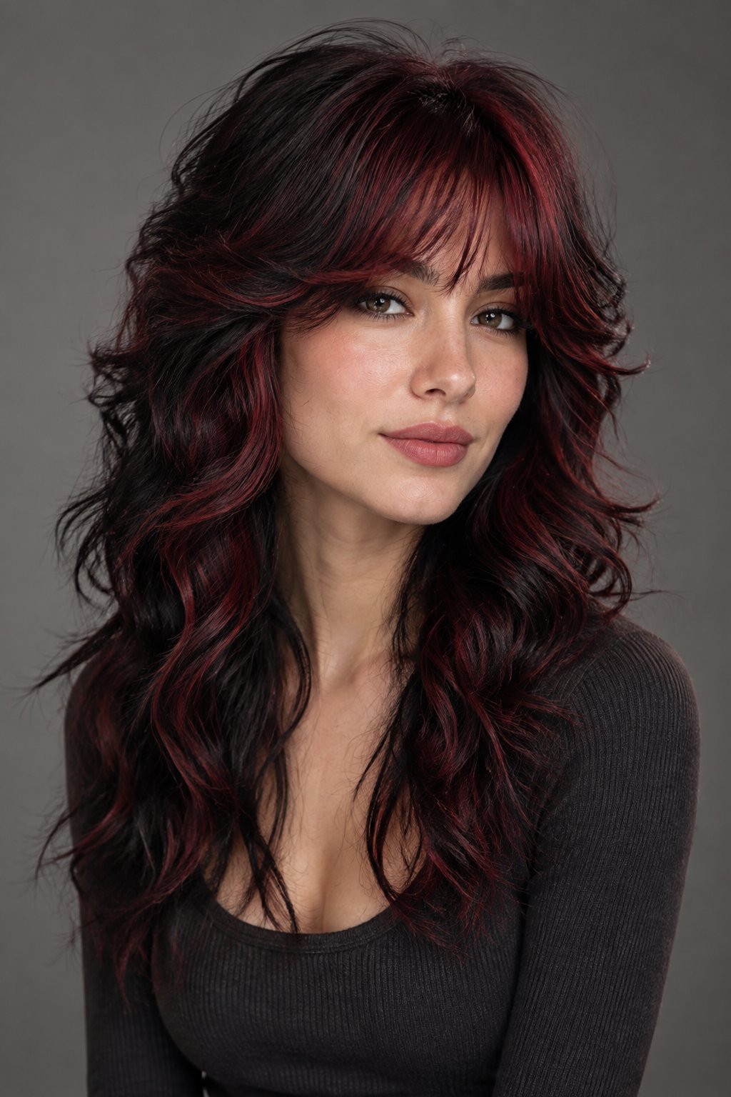 Deep crimson highlights create a dramatic finish against long, wavy black hair.