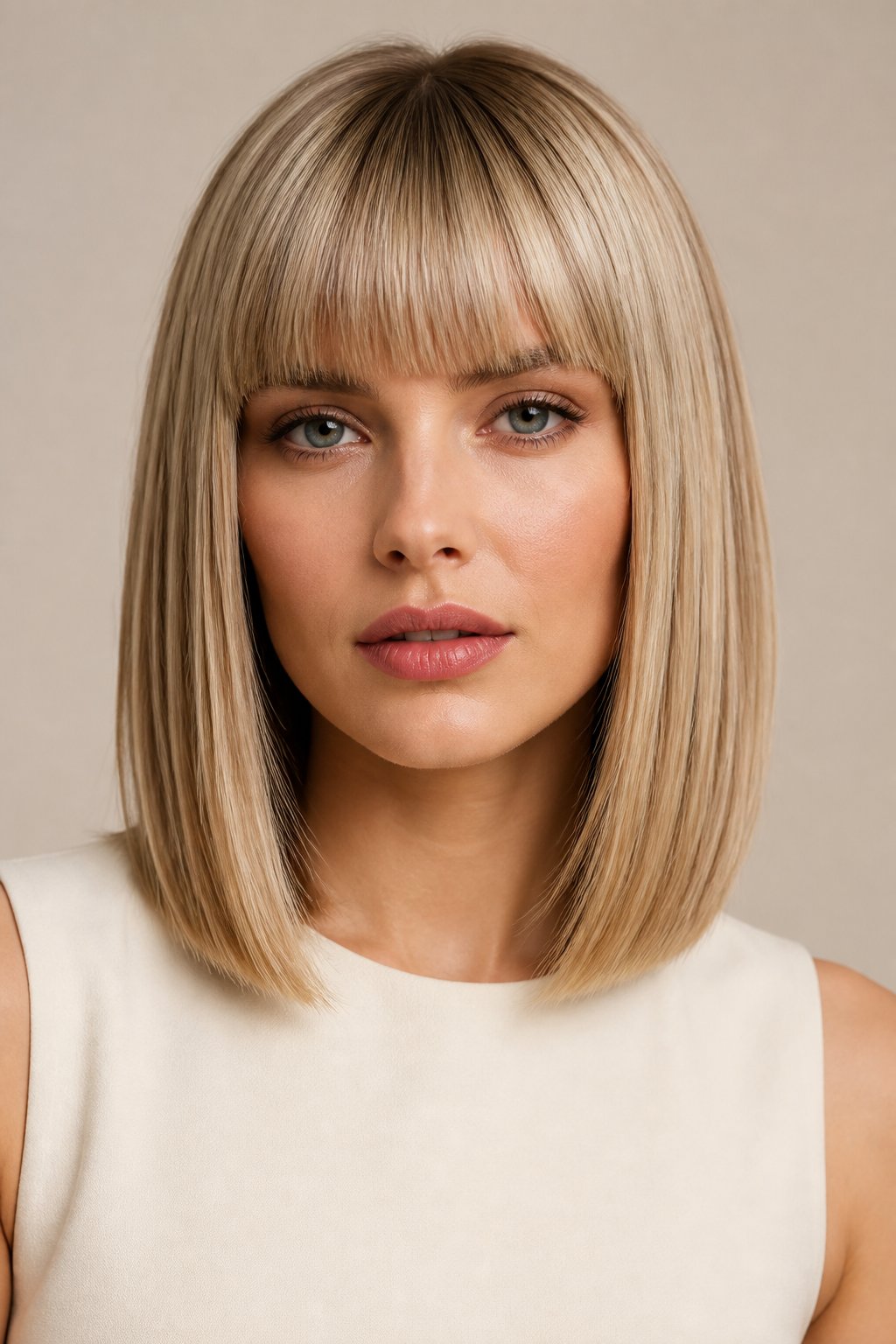 Dimensional blonde shoulder-length cut with blended tones and full blunt bangs.