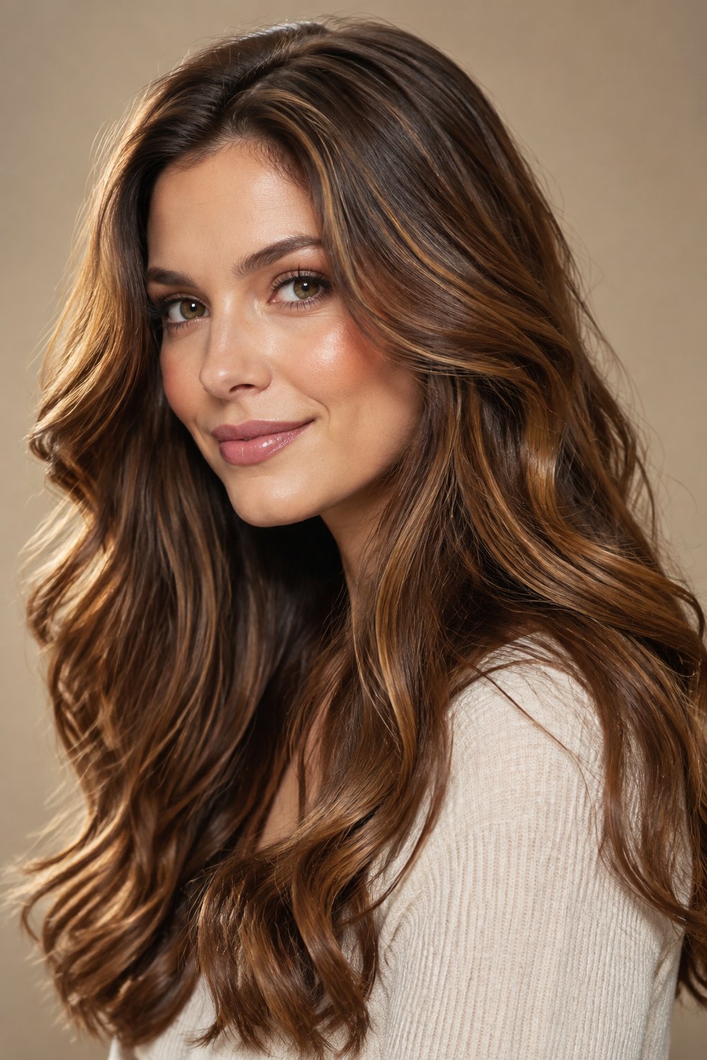 Dimensional chestnut brunette long wavy hair with blended highlights and lowlights.