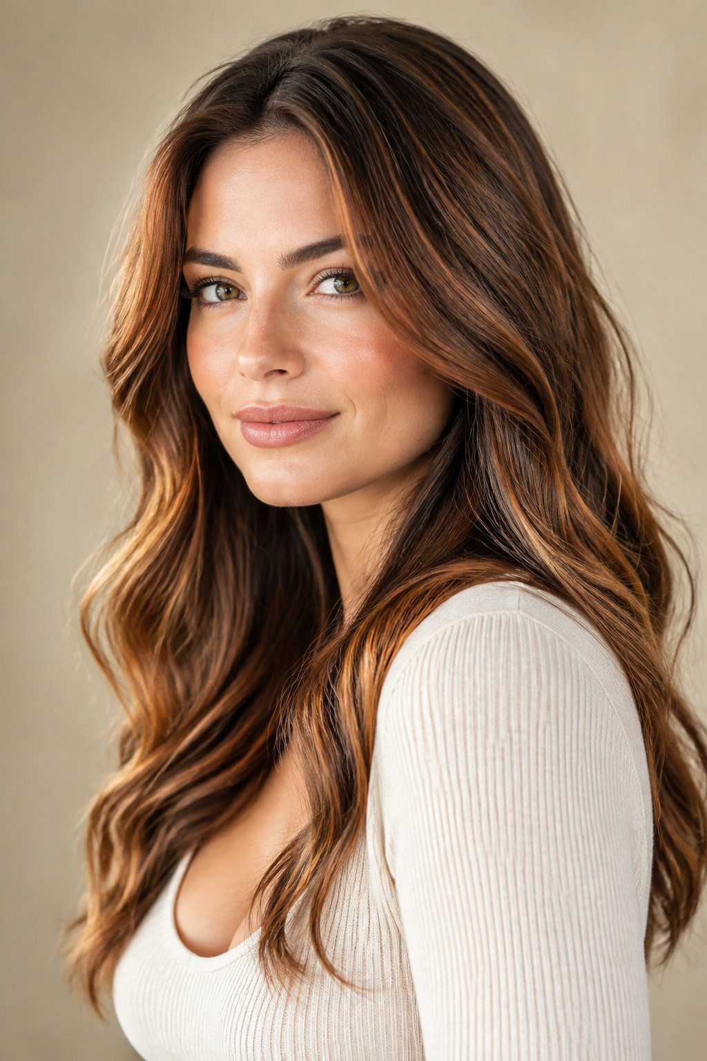 Dimensional cinnamon brunette hair with layered warm highlights and lowlights.