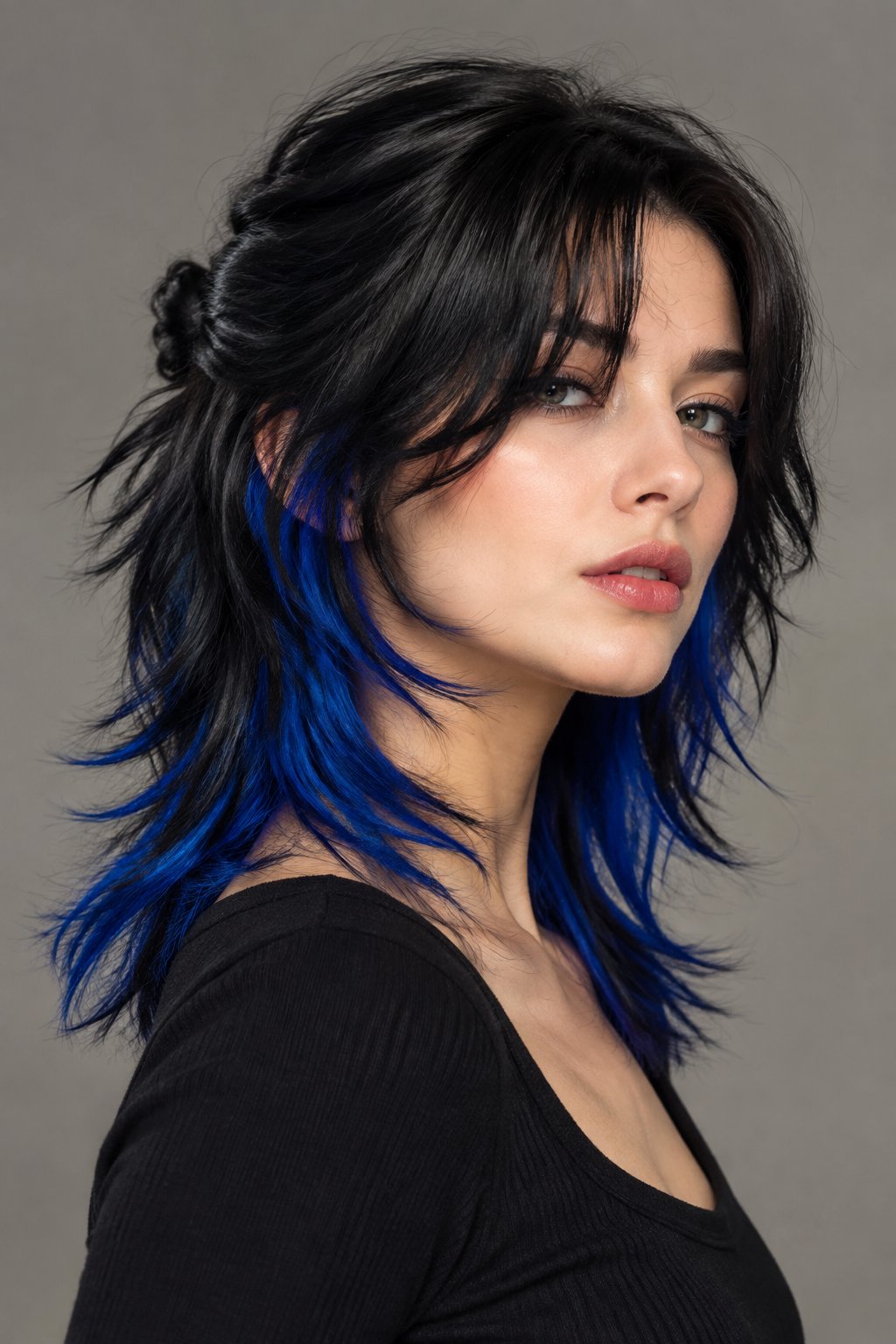 Electric blue underlights give a black wolf cut an edgy pop of color while keeping most of the hair dark.