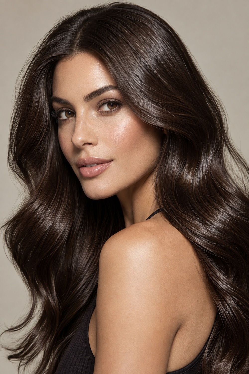 Espresso brown hair styled in sculpted glossy waves with light-and-shadow dimension.