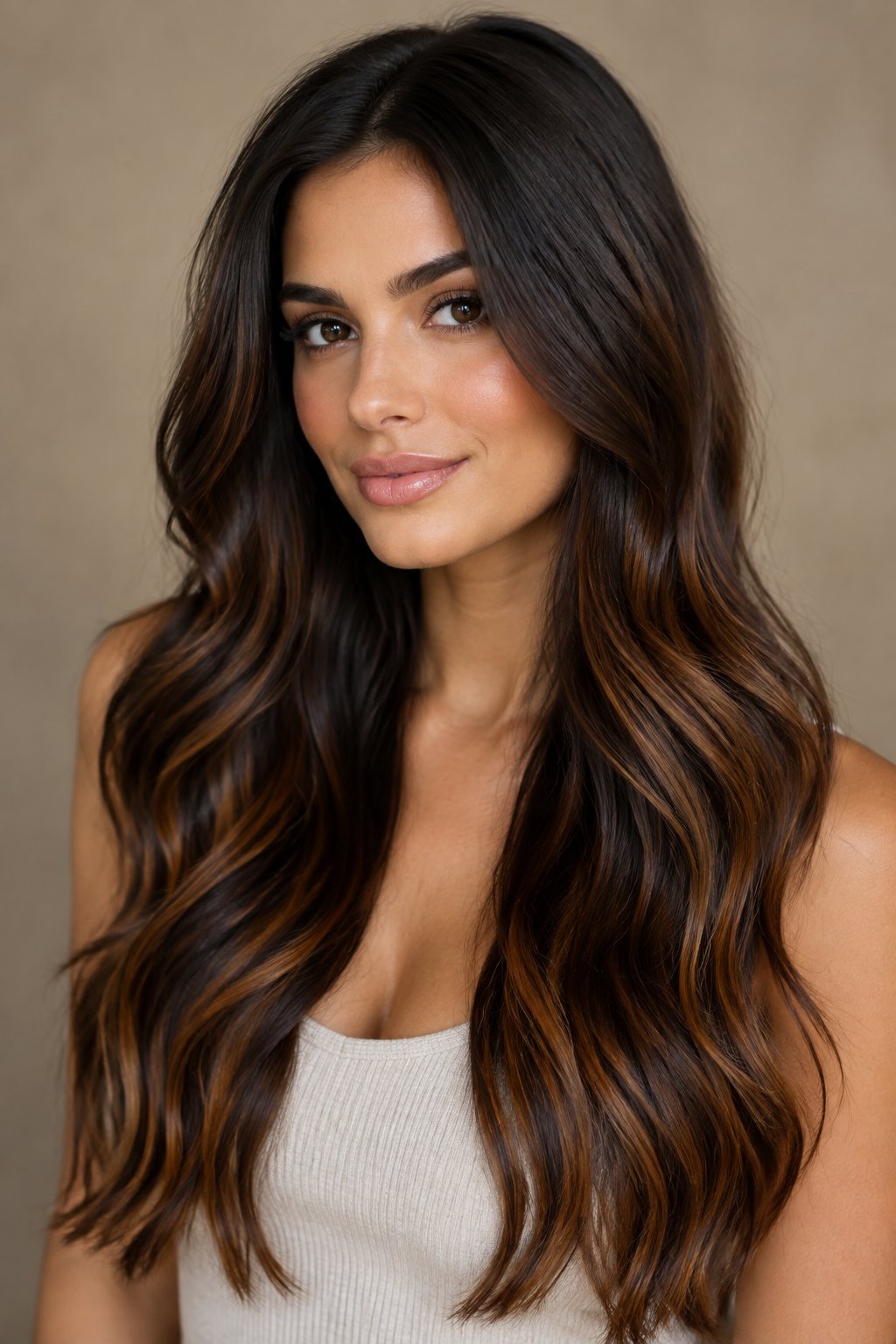Espresso brunette hair with cinnamon brown balayage through the lengths.