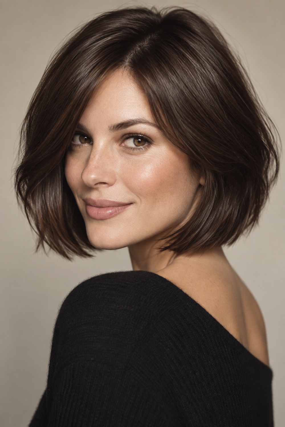 Fine hair in a polished espresso brown bob with a fuller-looking silhouette.