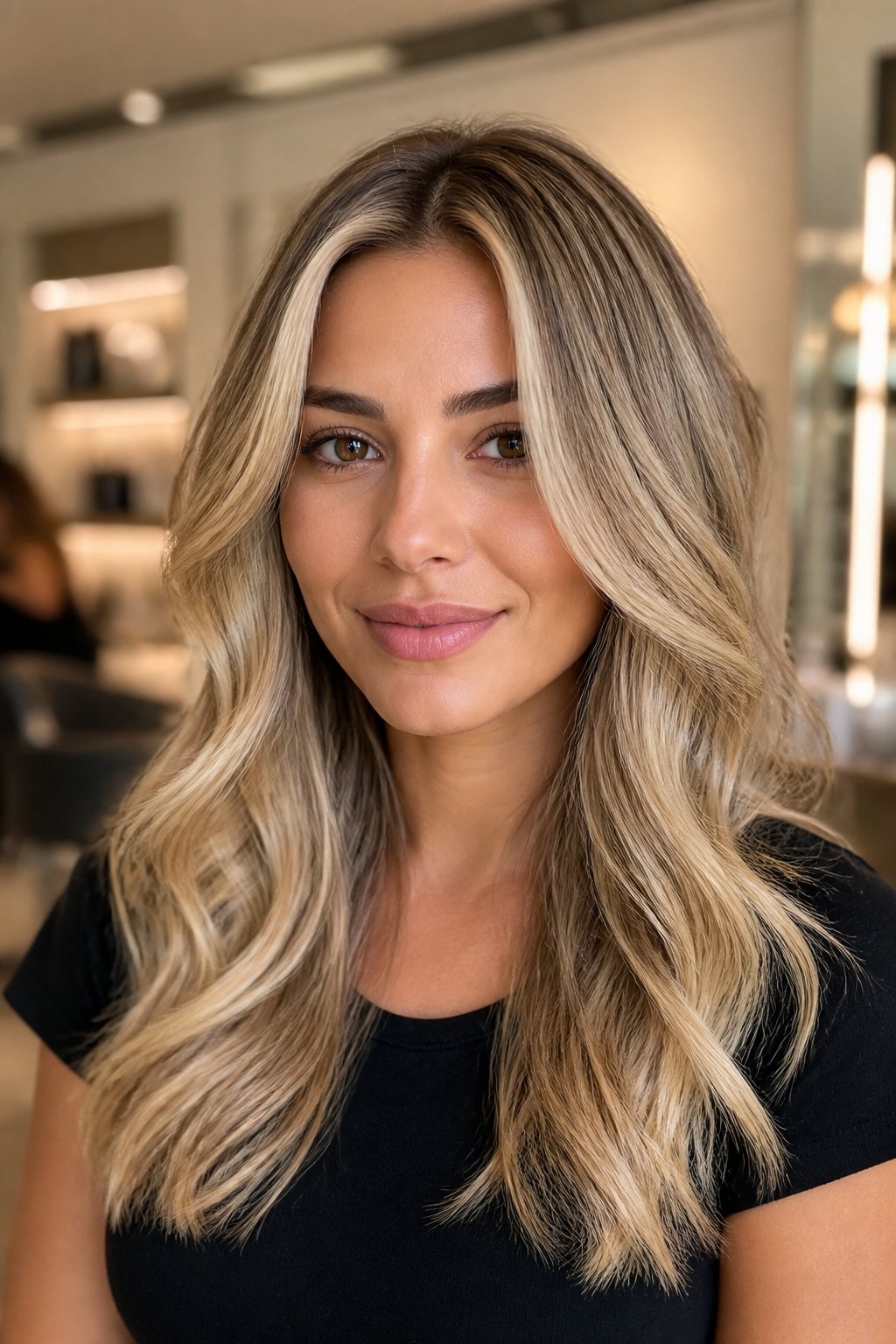 Foilyage blonde hair with defined bright highlights blended softly into a natural-looking root area.