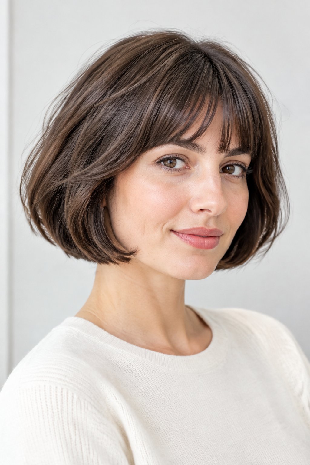 French bob with a soft textured fringe and gentle internal shaping above the chin.