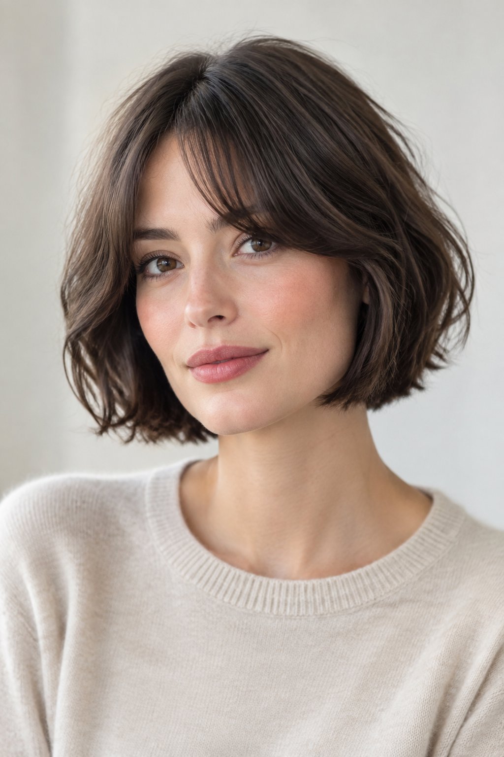 French Bob with Curtain Bangs – Curtain bangs give the haircut a softer and more wearable finish.