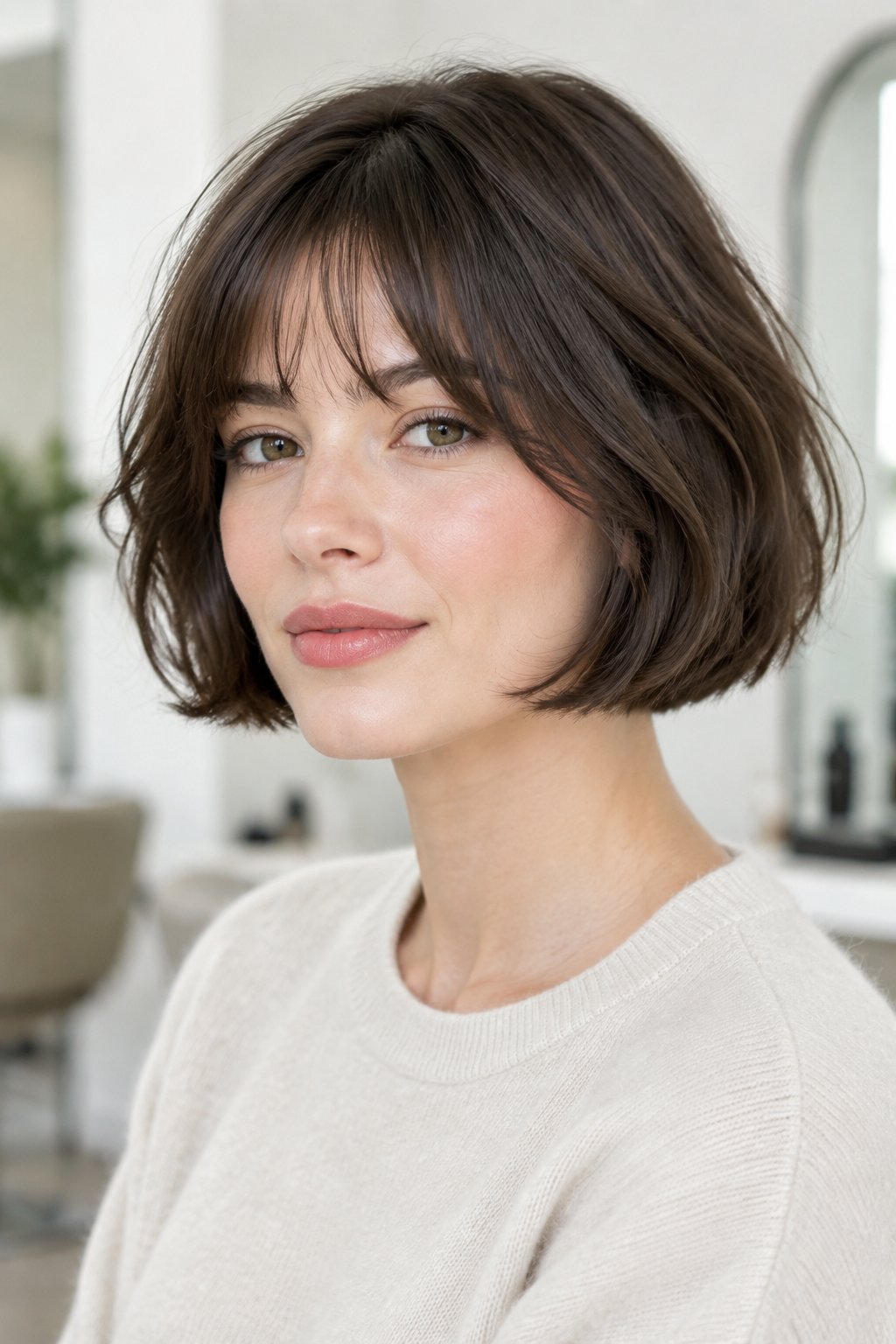 French Bob with Wispy Fringe – A wispy fringe feels softer and less heavy than a full blunt bang.
