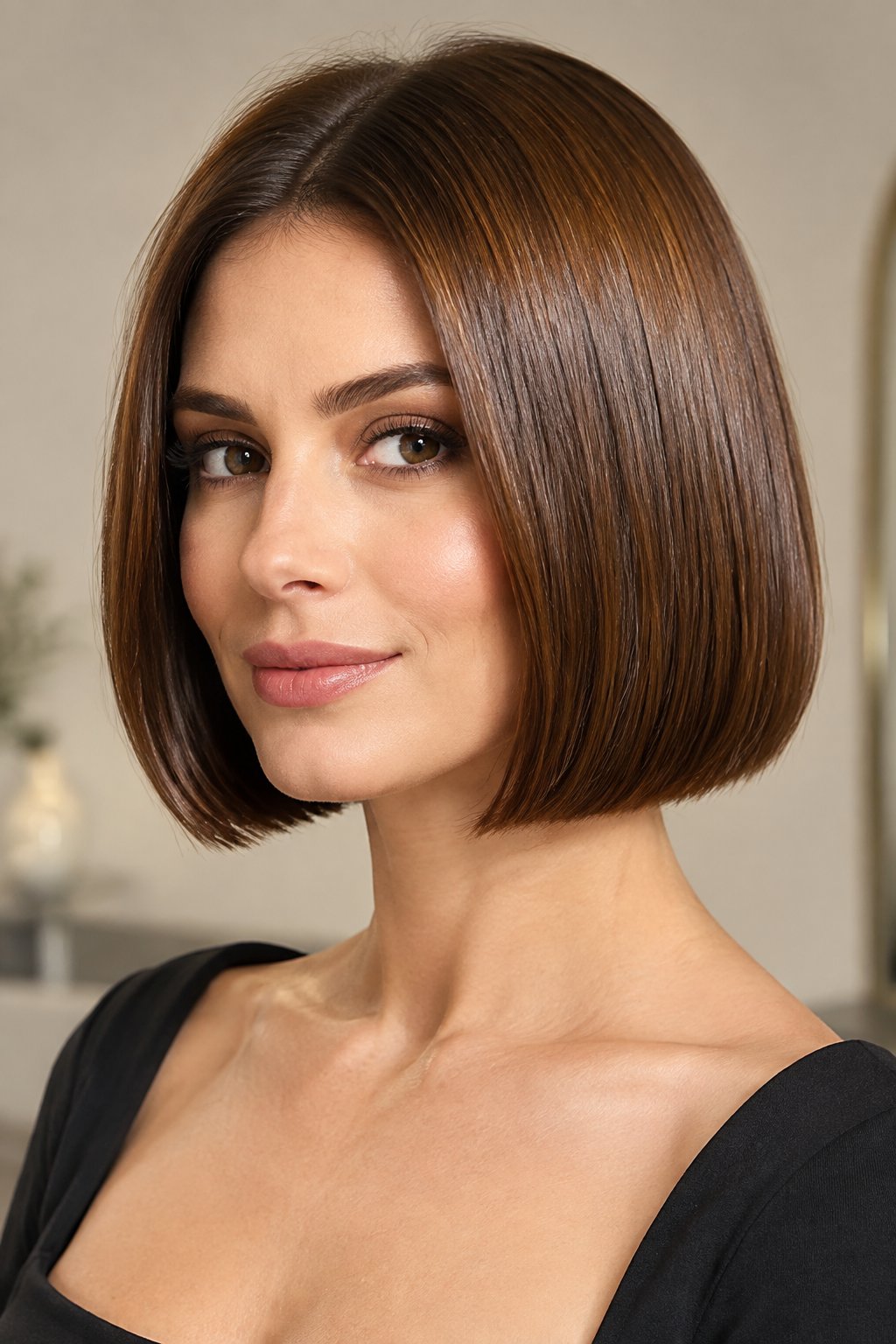 Glossy chestnut brown blunt bob with smooth, even color and shine.