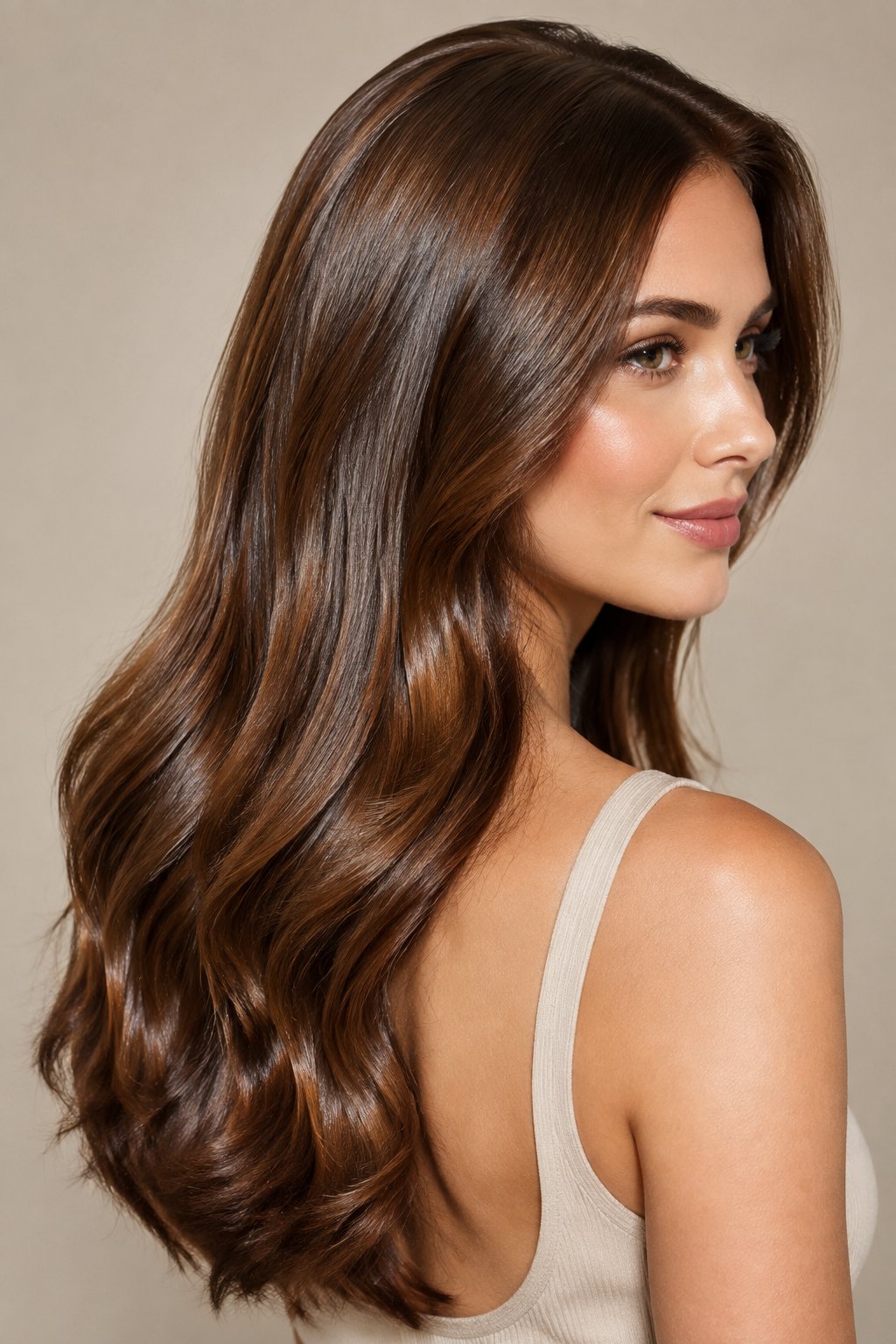 Glossy chestnut brown long smooth hair with a reflective polished finish.