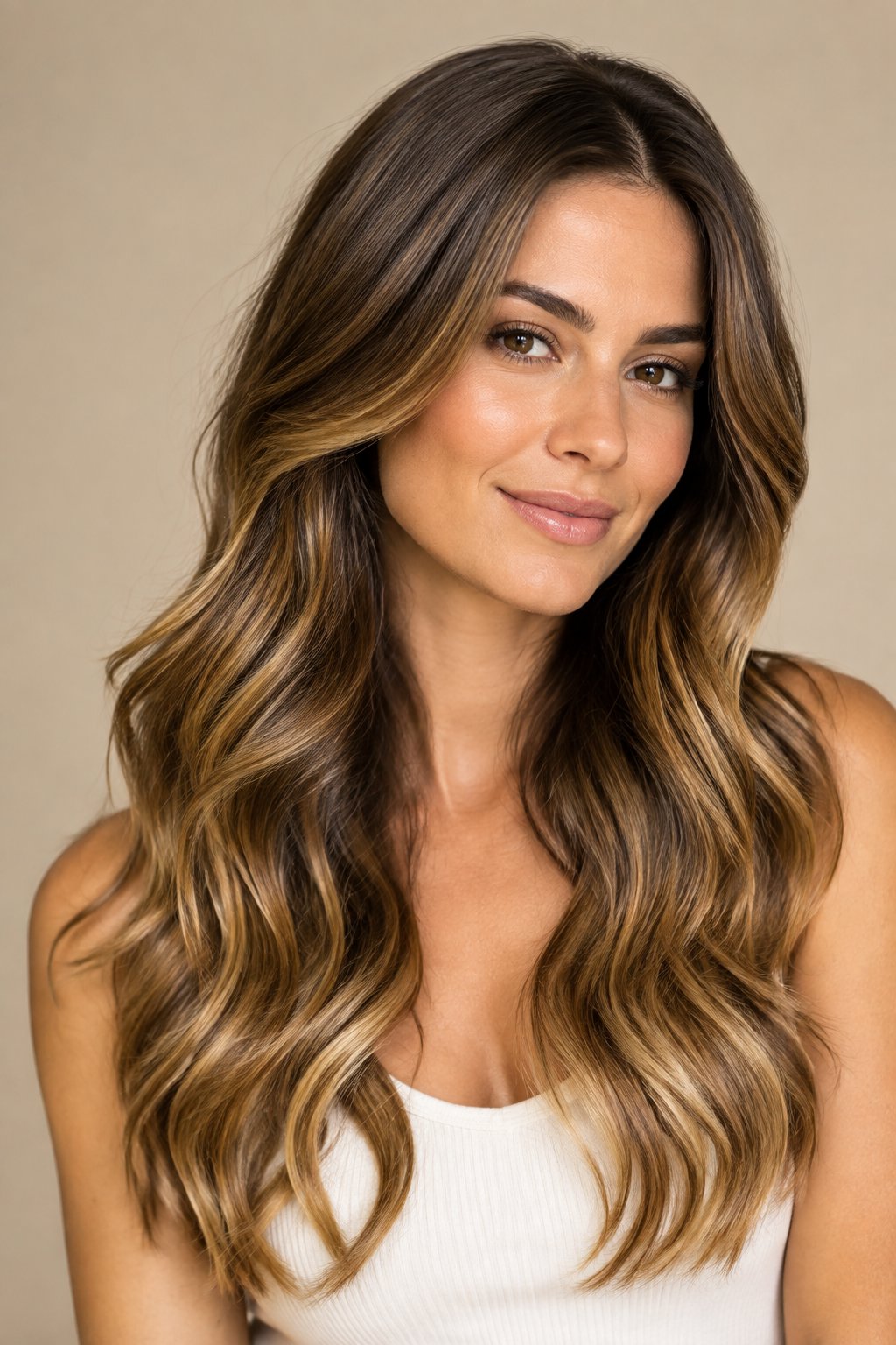 Golden chestnut brown long wavy hair with honeyed golden highlights.