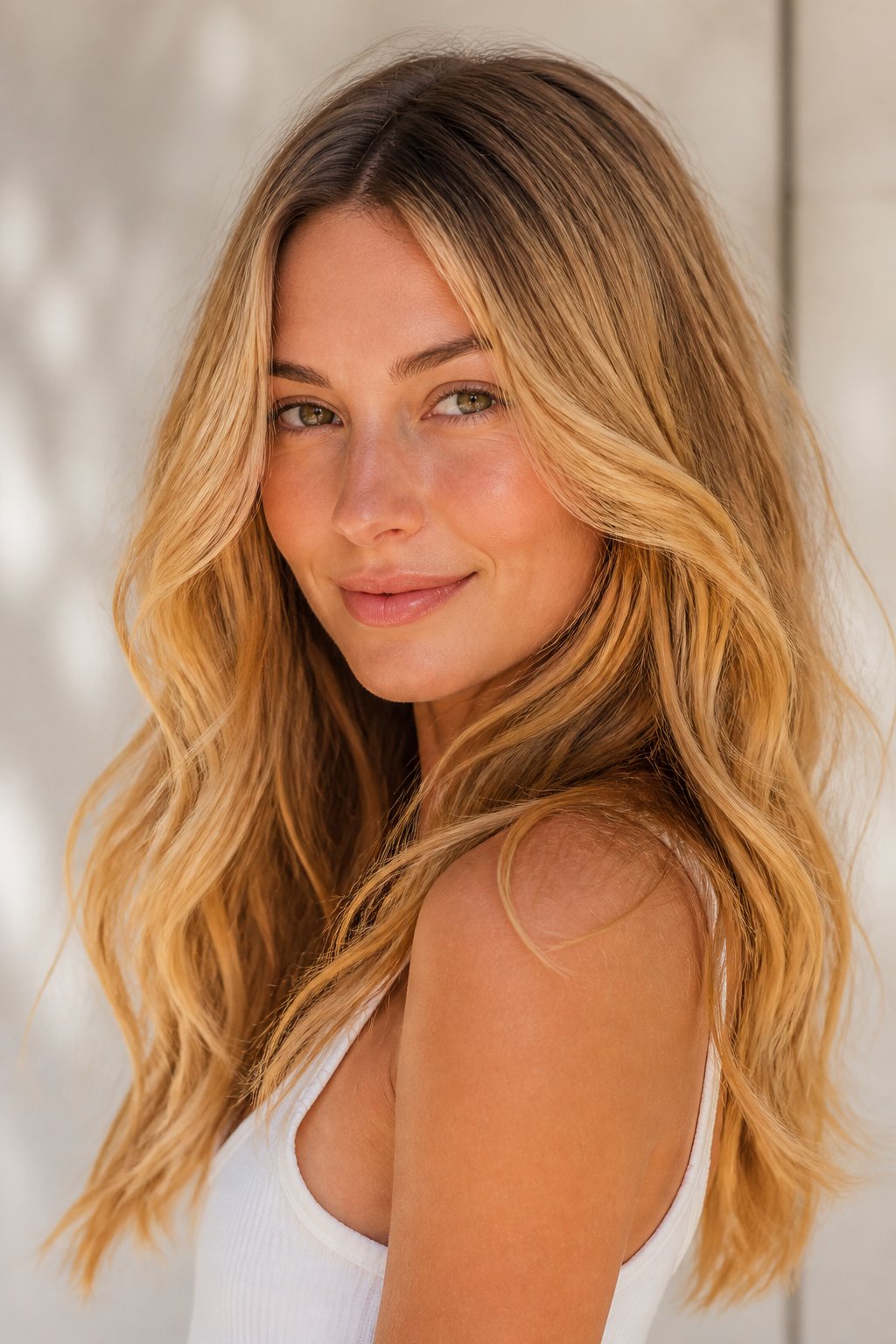 Honey blonde hair with a soft darker root shadow and warm golden tones through the lengths.