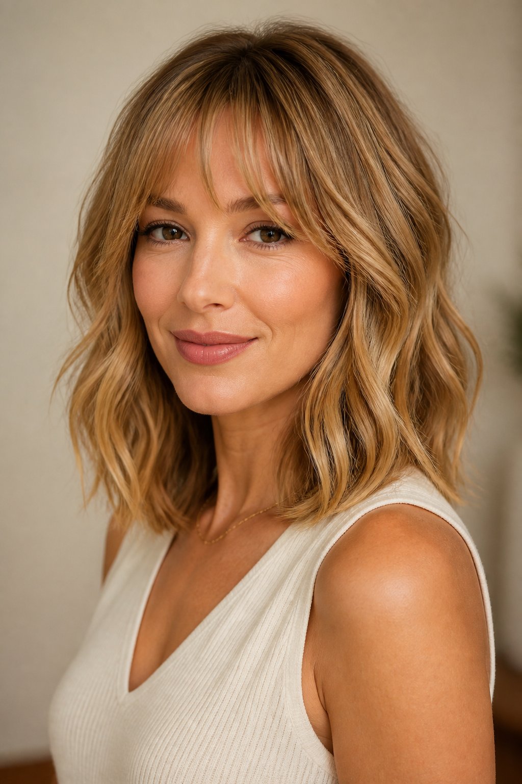 Honey blonde shoulder-length waves with soft wispy bangs framing the face.