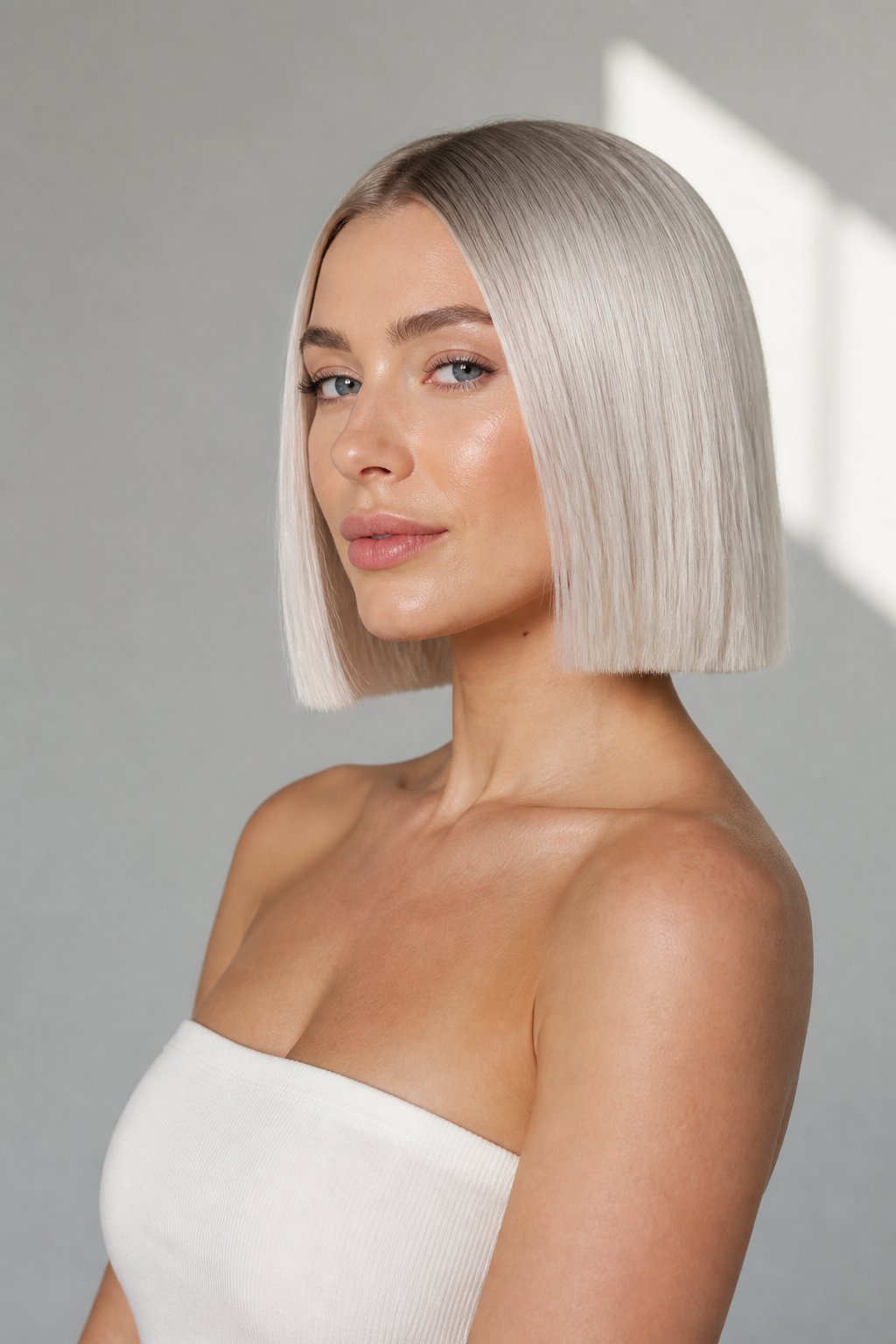 Icy platinum blonde hair with soft darker roots creating a blended shadow-root effect.