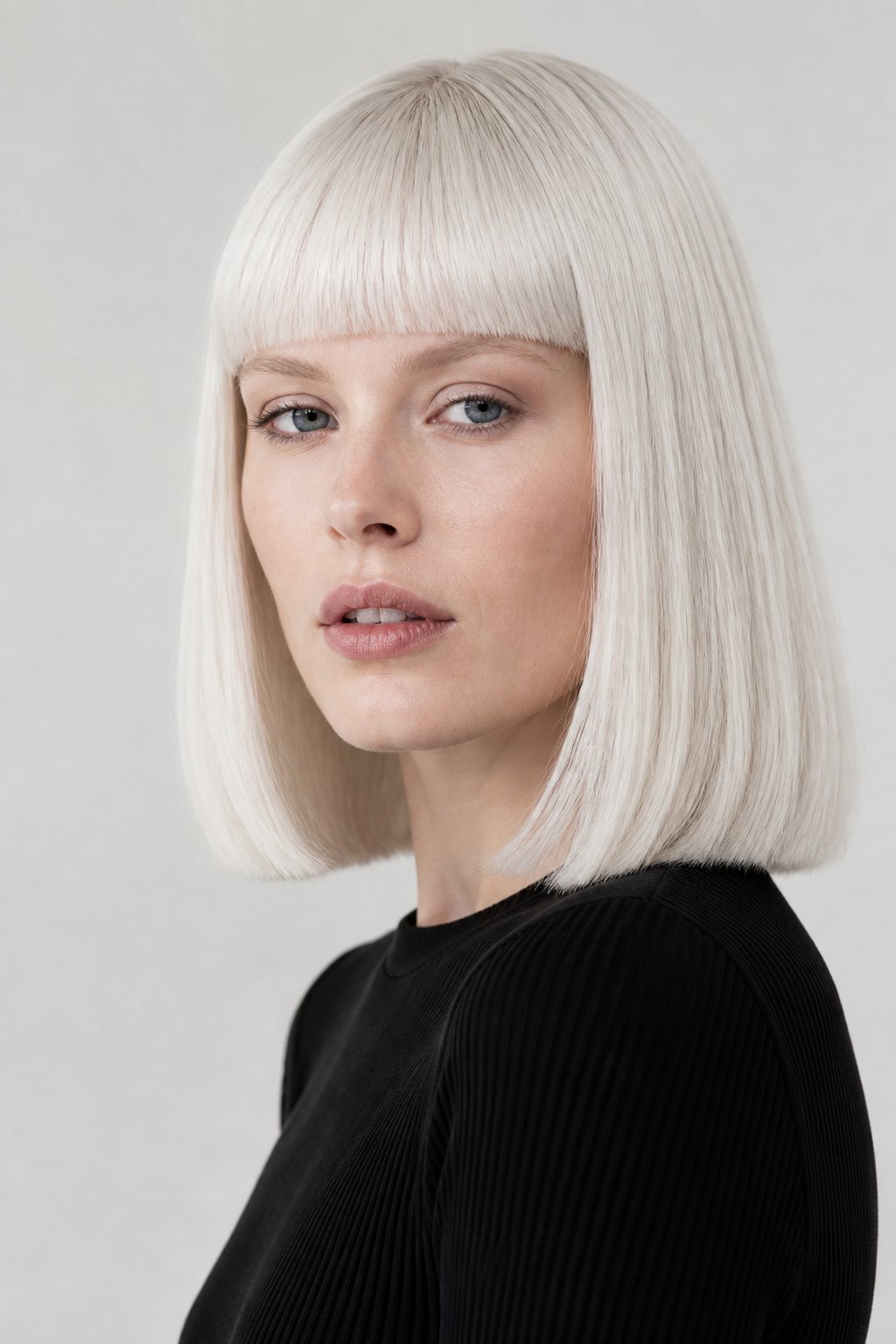 Icy platinum shoulder-length bob with sleek hair and straight blunt bangs.