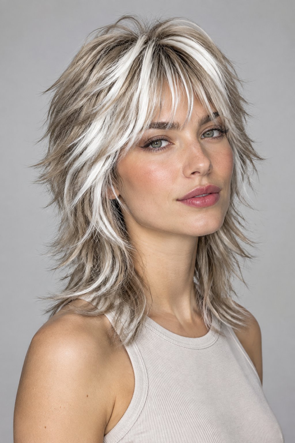 Icy white chunky highlights create bold contrast against an ash blonde wolf cut.