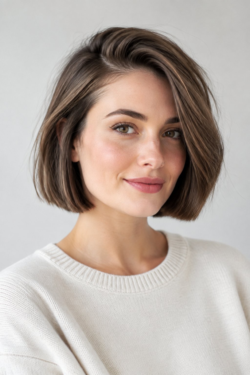 Jaw-length blunt bob with a deep side part that adds visible lift at the roots.