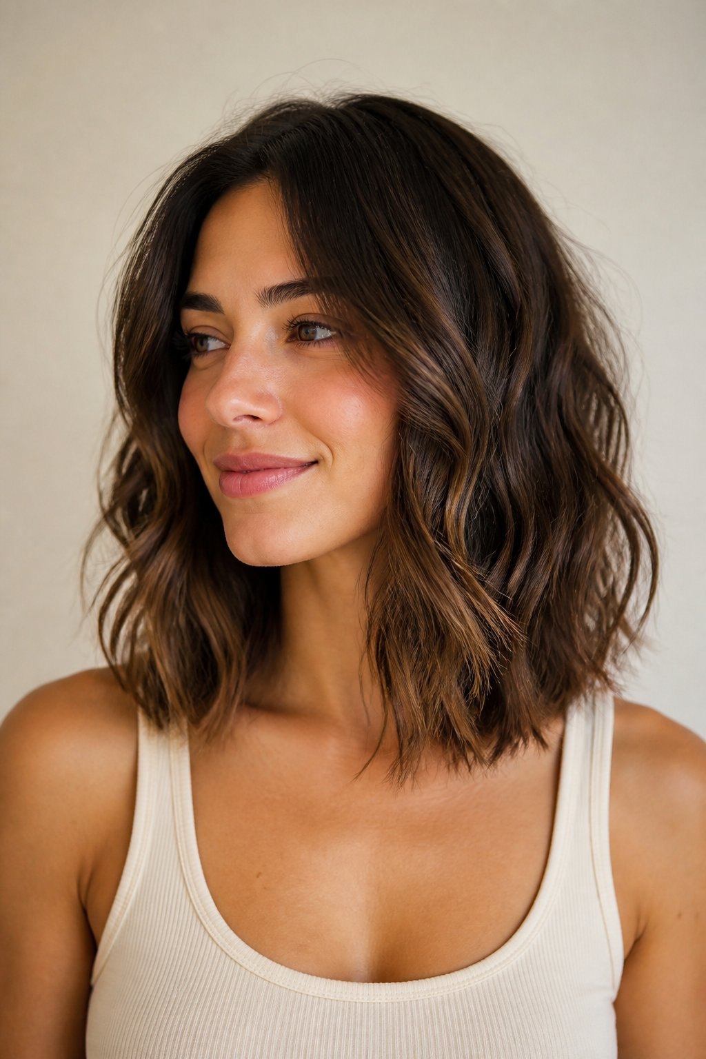 Layered collarbone lob with soft face-level layers adding movement and bounce.