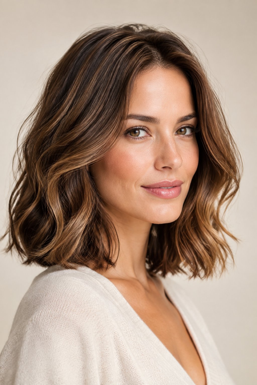 Light chestnut brown shoulder-length lob with warm toffee and reddish-gold tones.