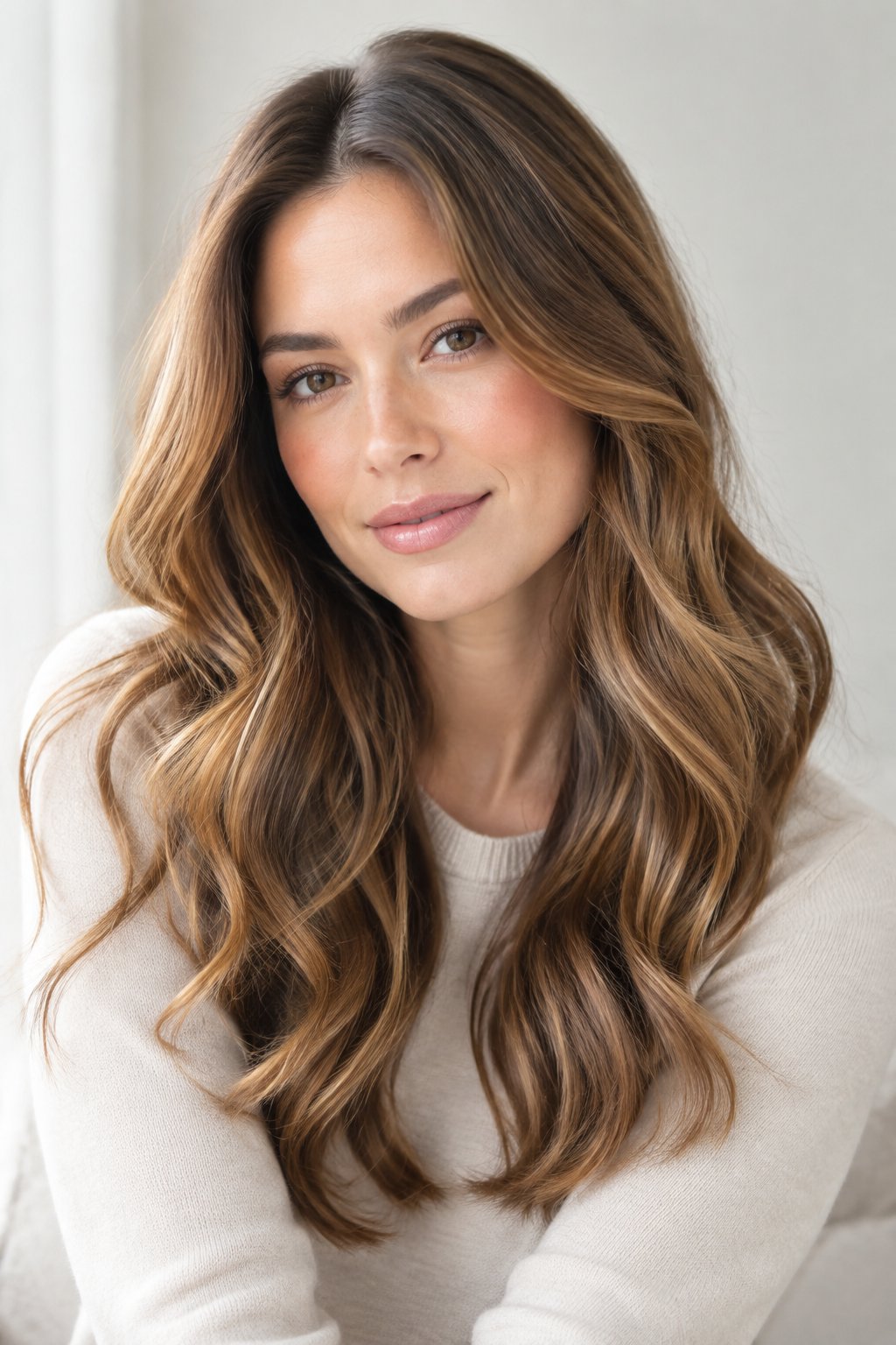 Light cinnamon brown hair with soft caramel and golden-red highlights on long waves.