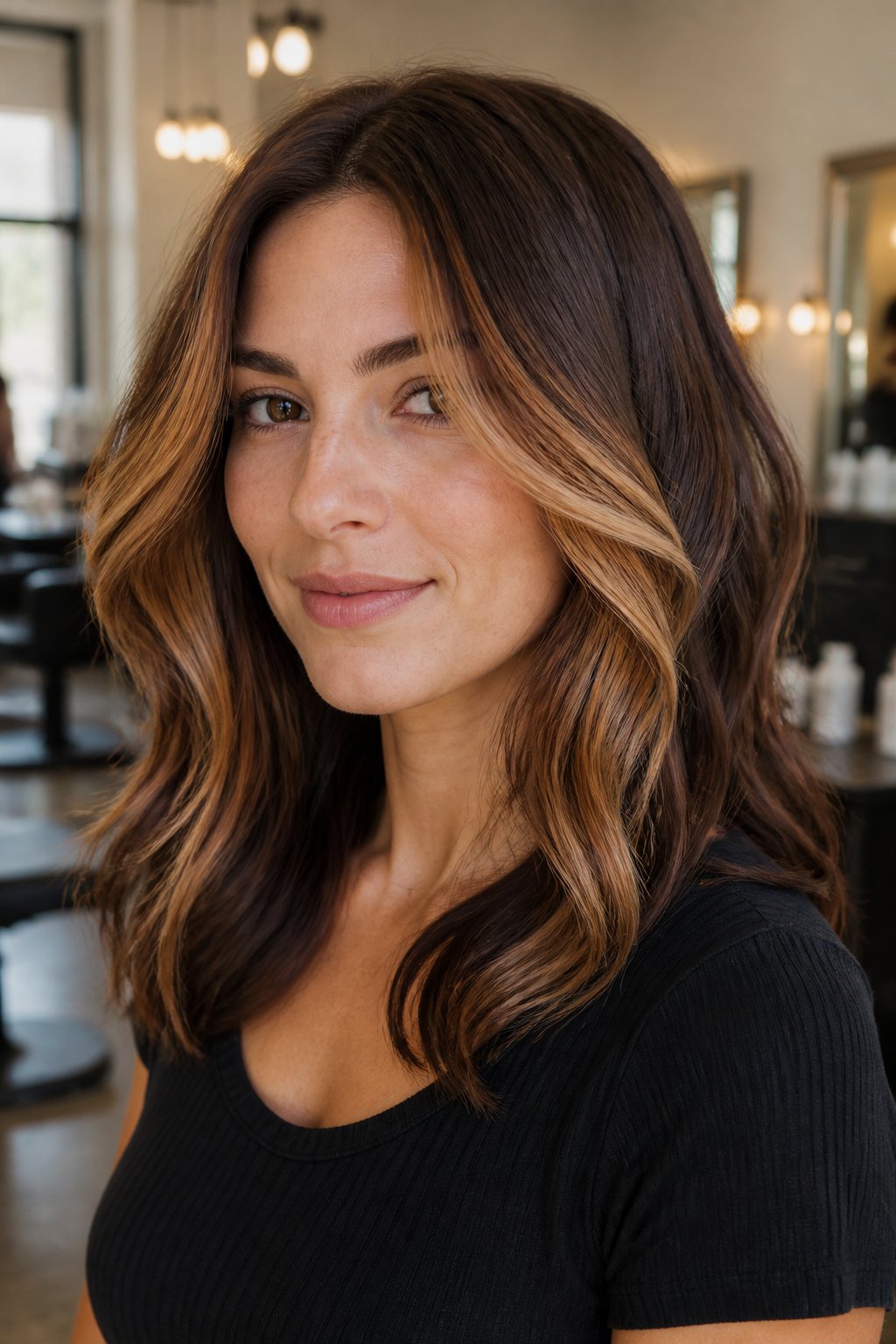 Long brunette hair with soft caramel and cream face-framing calico highlights.