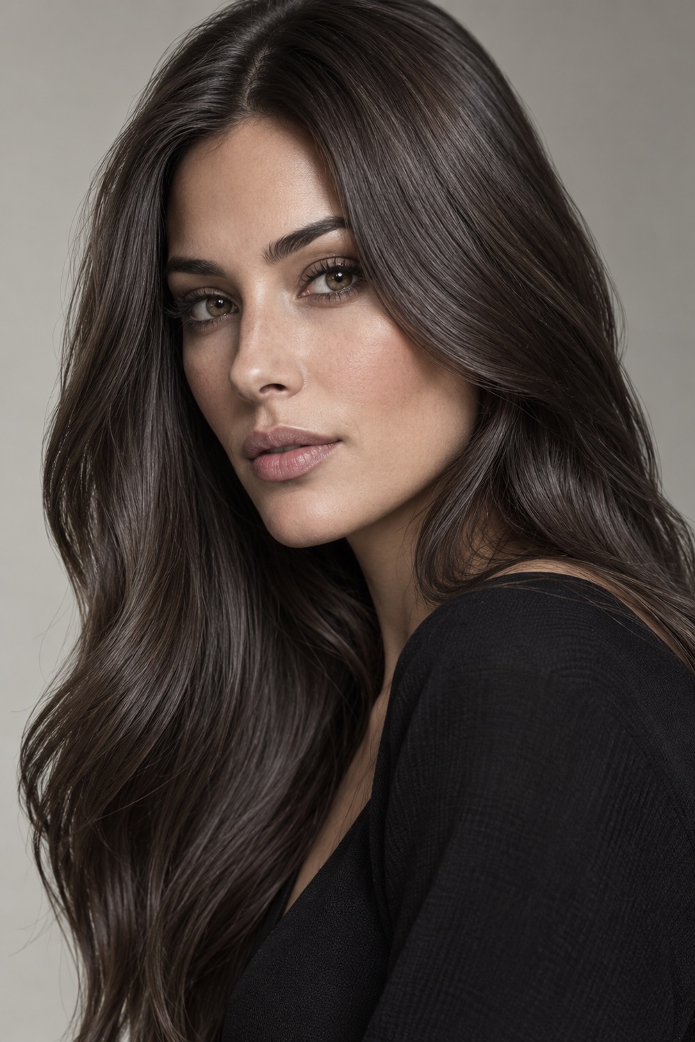 Long cool ash espresso brown hair with minimal visible warmth.