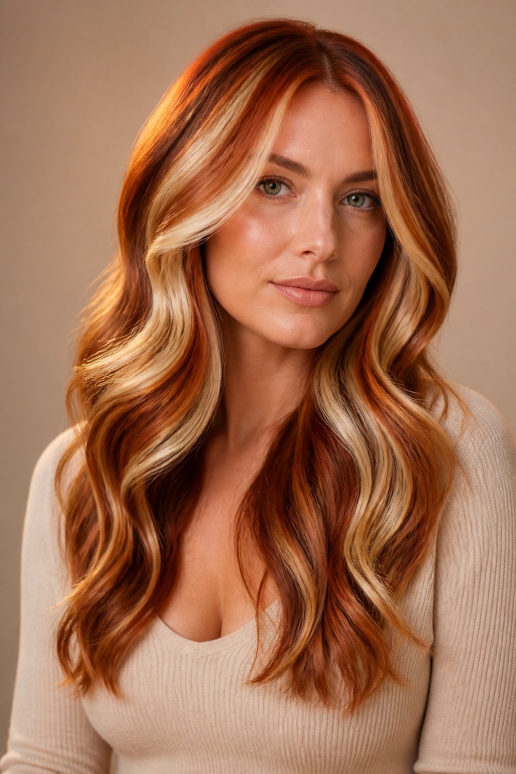 Long copper waves with creamy blonde face-framing highlights.