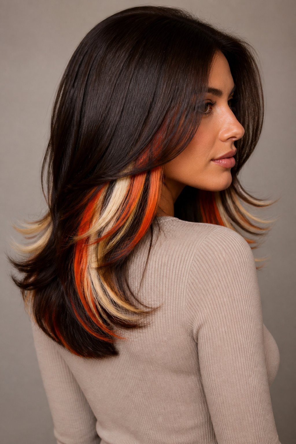 Long dark brunette hair with bold orange and cream calico streaks through the lower layers.