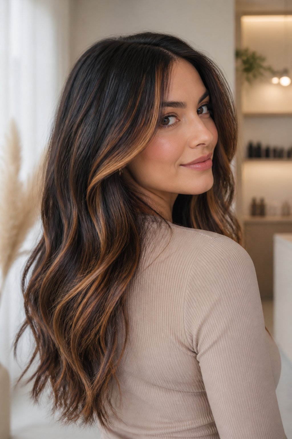 Long dark brunette hair with subtle caramel and copper calico-inspired highlights.