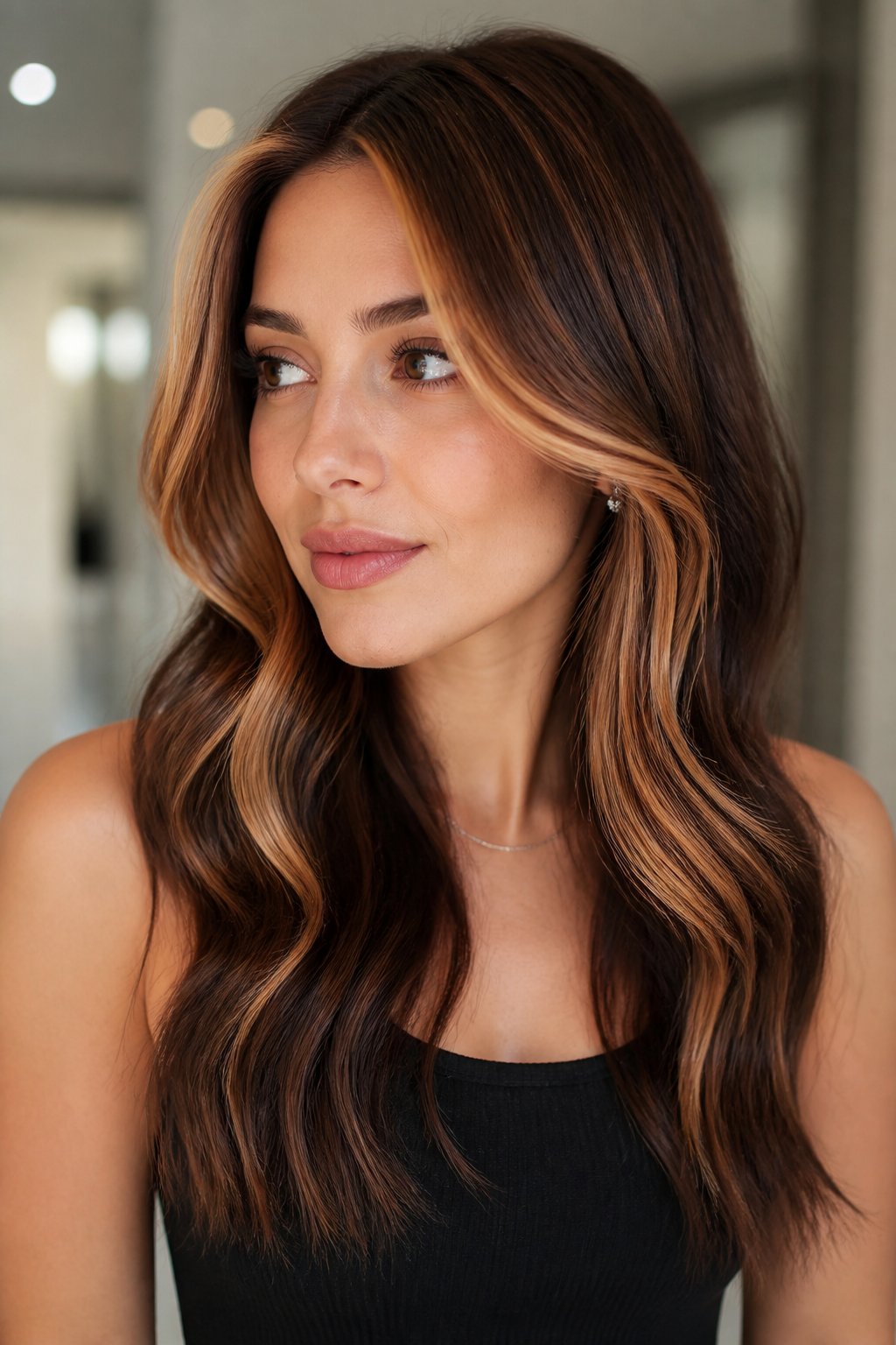 Long dark brunette waves with warm copper and cream face-framing calico money pieces.
