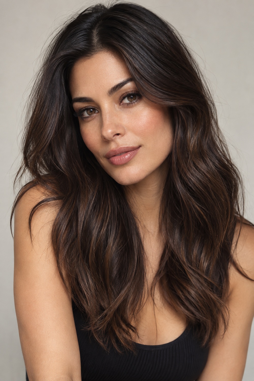 Long espresso brown hair with a soft dark root melt and blended lengths.