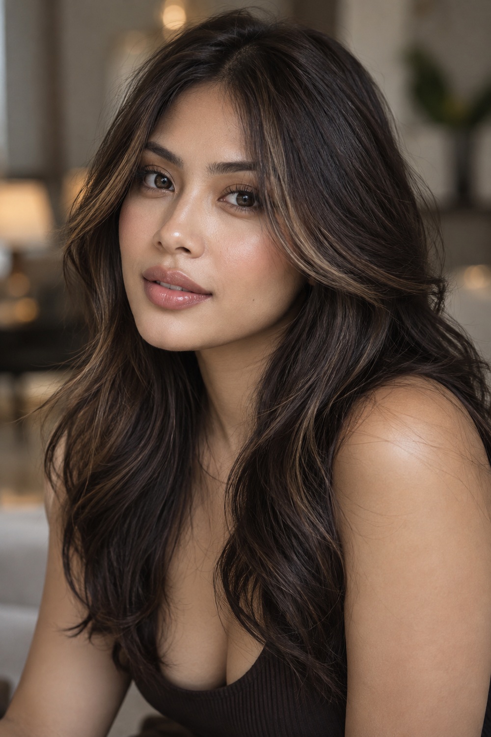 Long espresso brown hair with subtle lighter face-framing pieces.