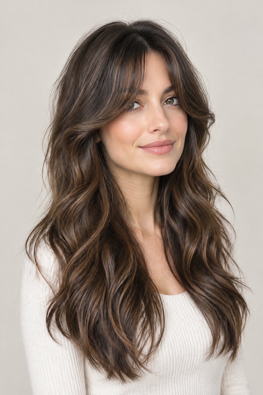 Long haircut with curtain bangs and soft face-framing movement through the front.