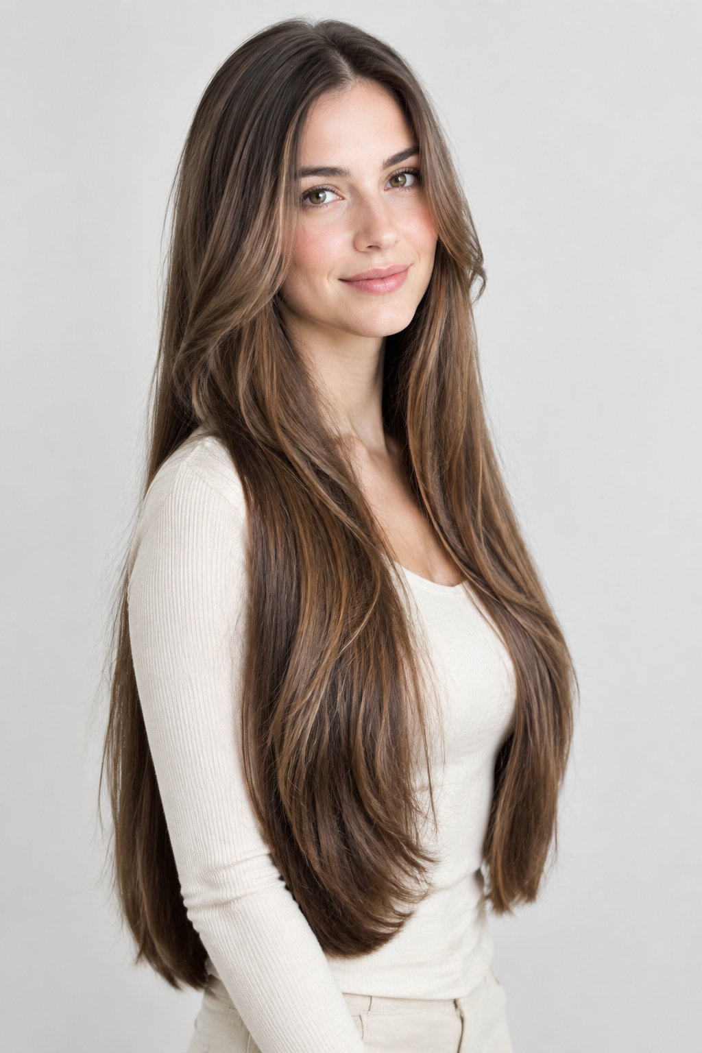Long haircut with light face-framing layers while preserving density through the length.