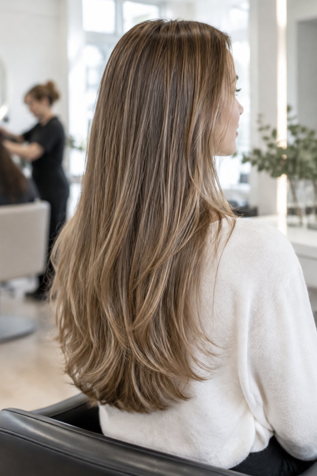 Long haircut with subtle invisible layers creating gentle movement without thinning the ends.