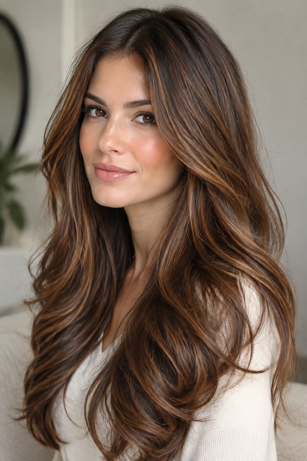 Long layered cinnamon brown hair with warm dimensional highlights.