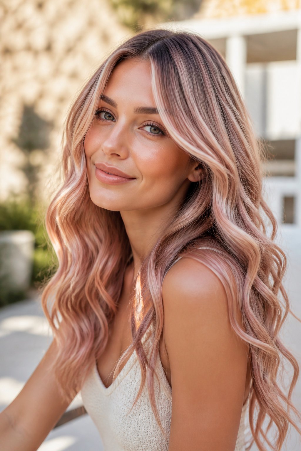Long loose waves with rose-gold, blush-pink, cream, and light brown calico tones.