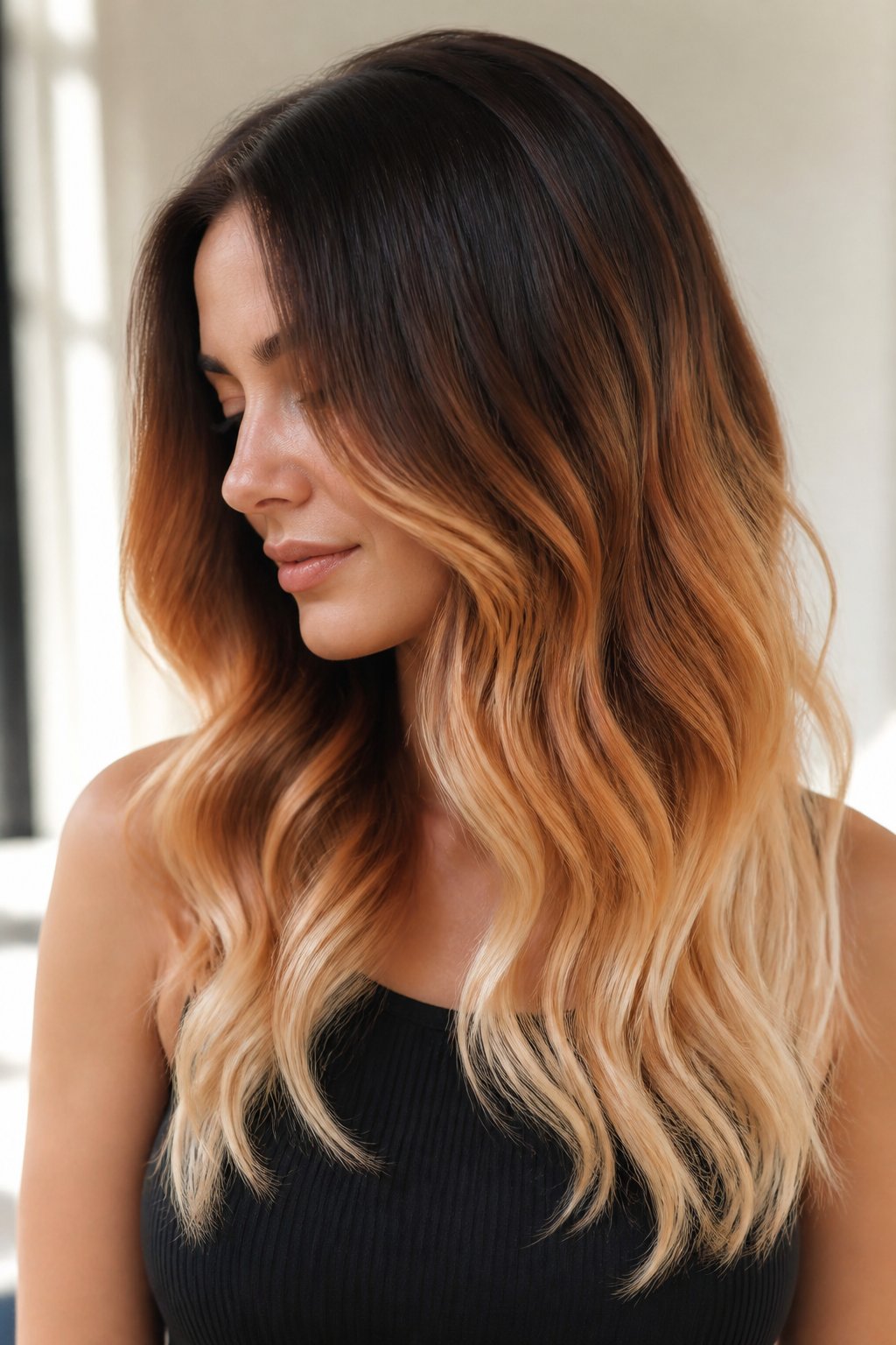 Long ombre hair transitioning from dark brunette roots to warm orange and creamy blonde ends.