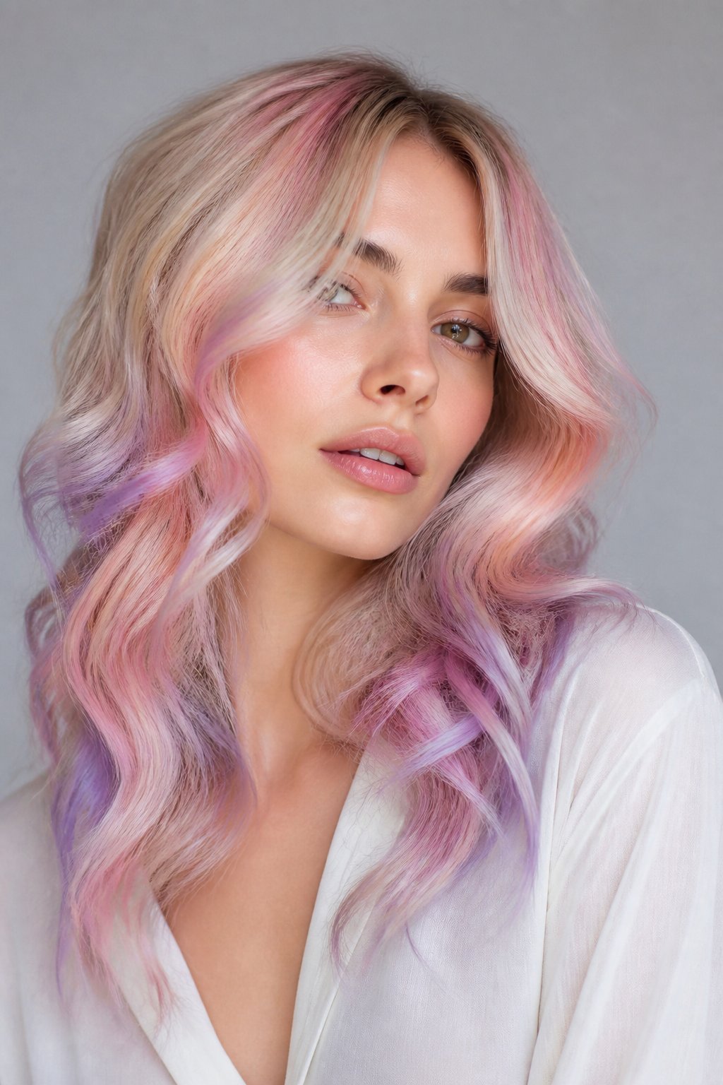Long pastel waves with pink, lavender, and soft cream calico undertones.
