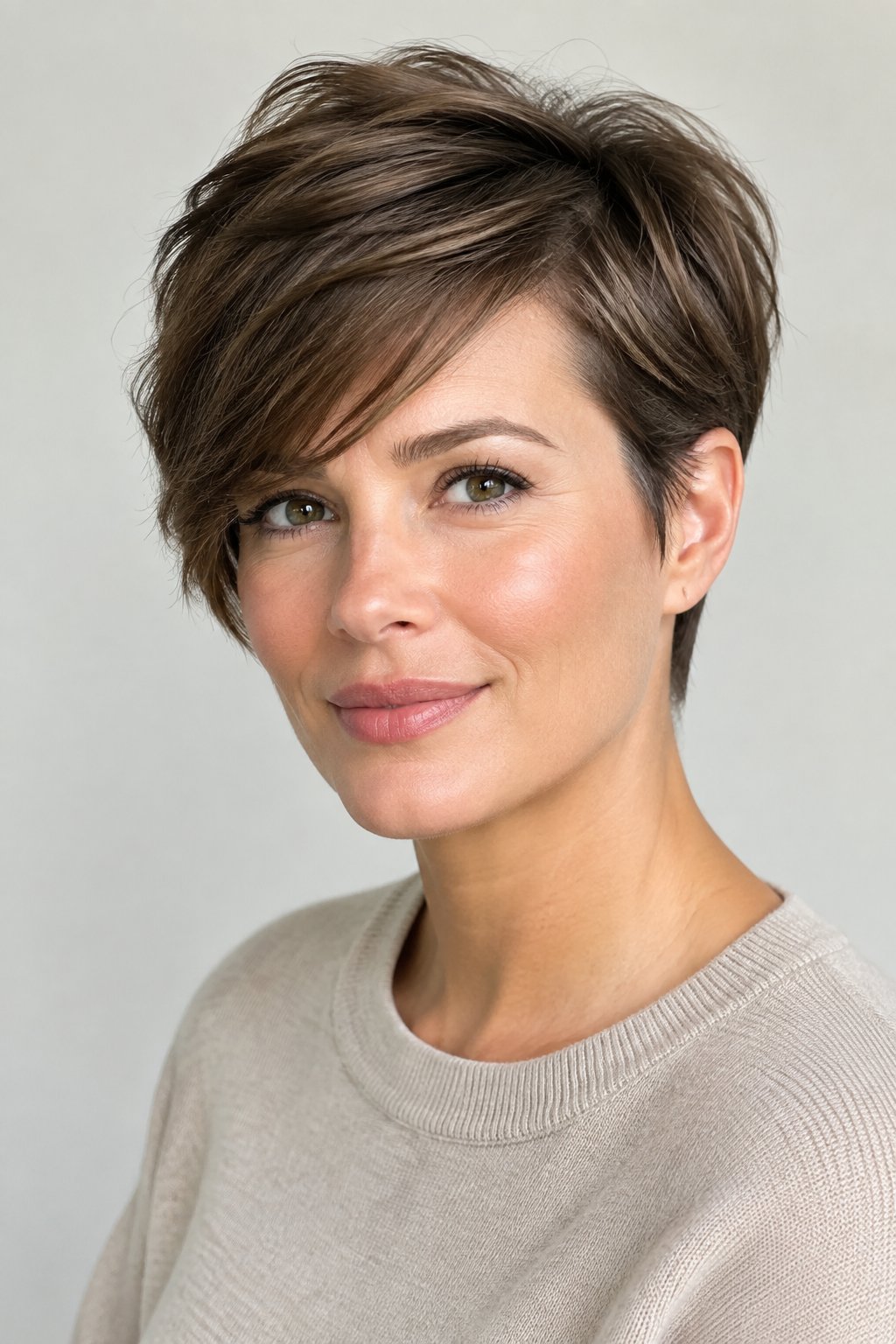 Long pixie haircut with a side-swept fringe, longer top layers, and closely tapered sides.