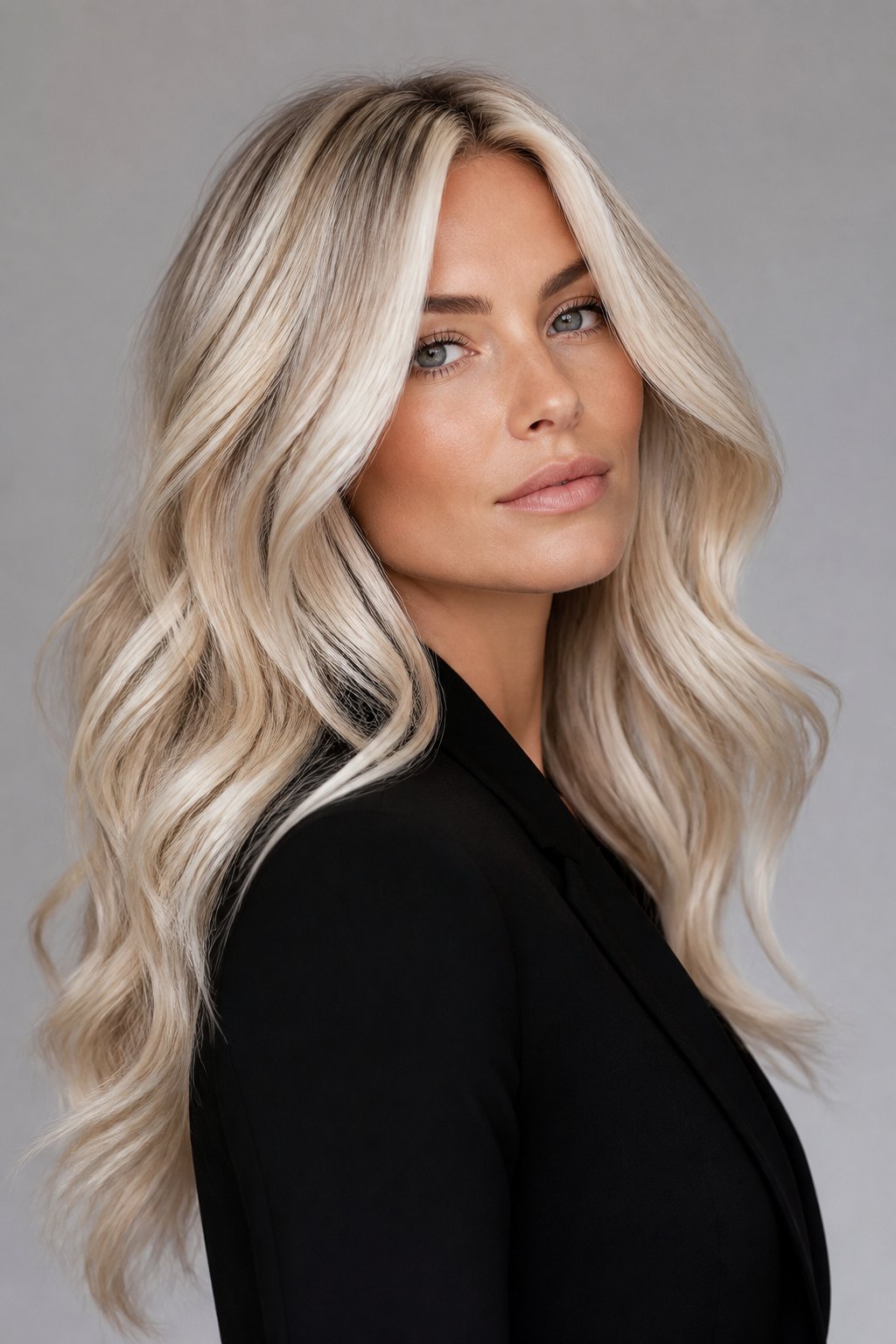 Long platinum-blonde waves with cool icy and soft golden calico-toned sections.