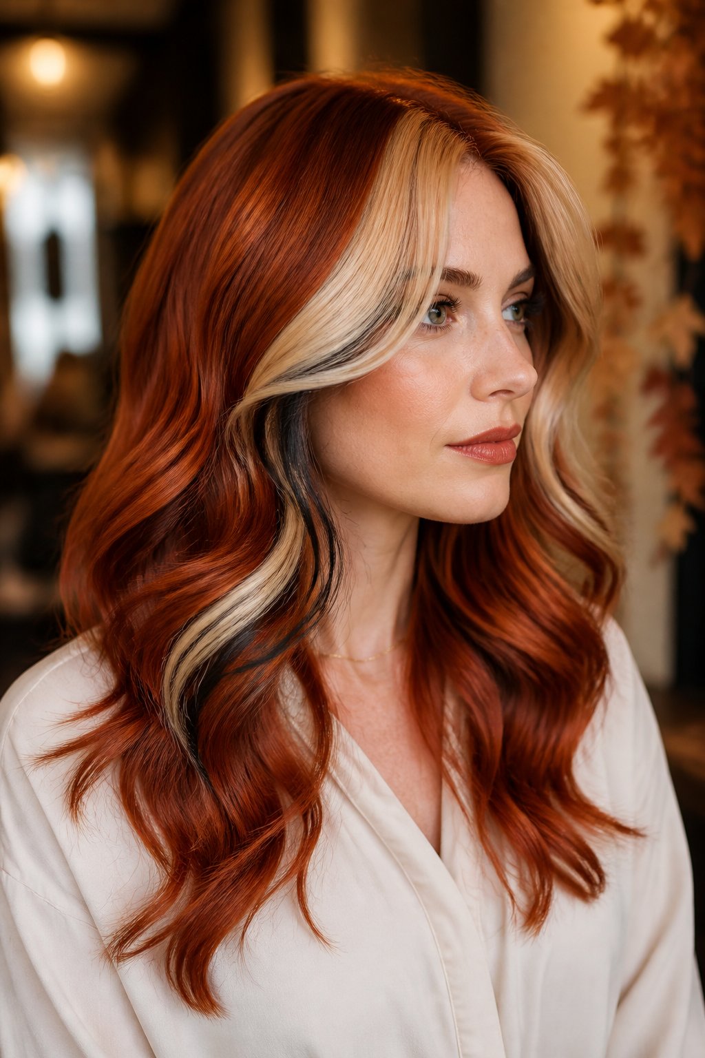 Long red hair with a cream-blonde face-framing money piece and deeper auburn calico tones.
