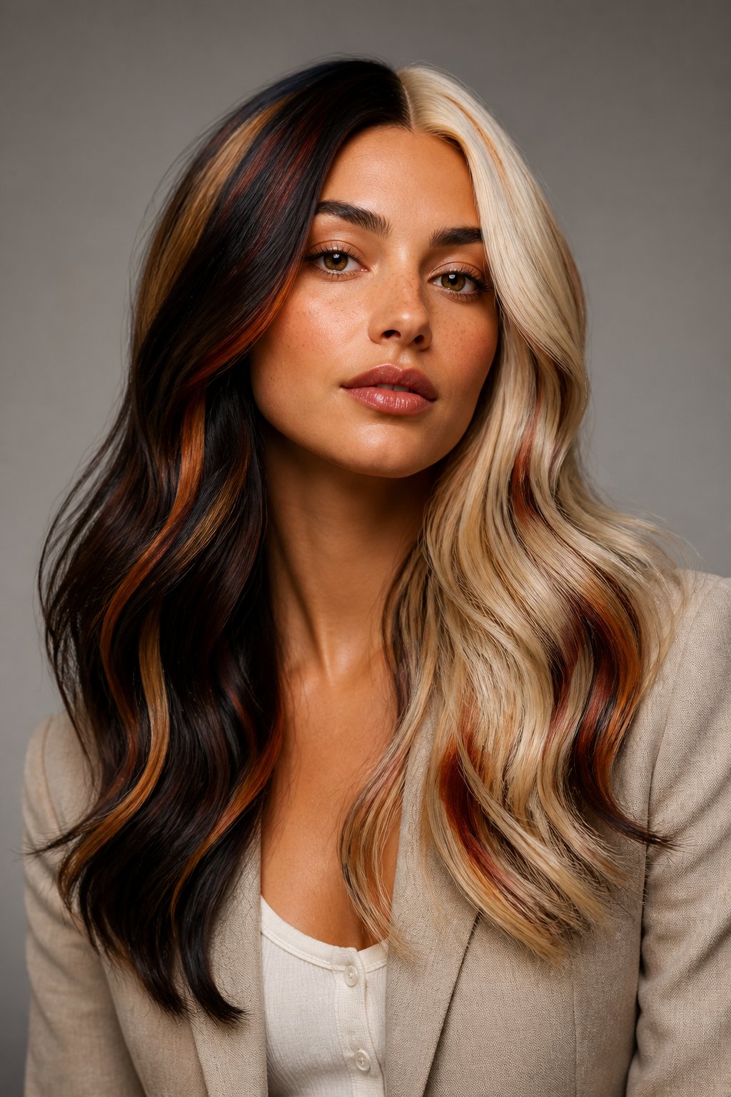 Long split-dye hair with one dark side and one cream-blonde side accented by copper calico streaks.