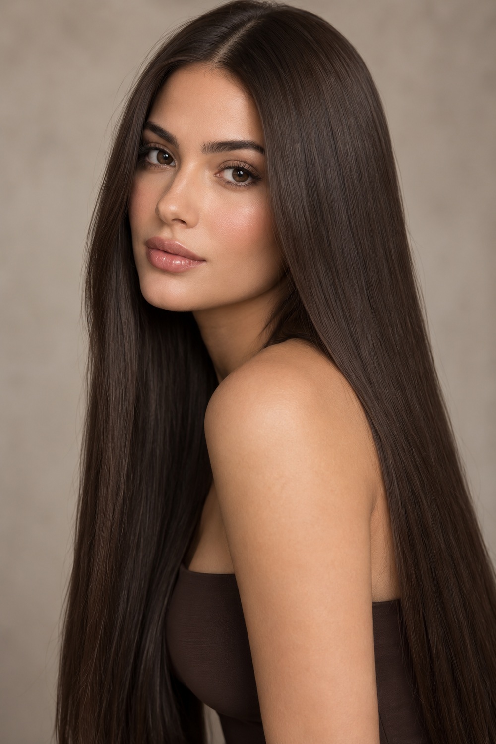Long straight all-over solid espresso brown hair with no visible highlights.
