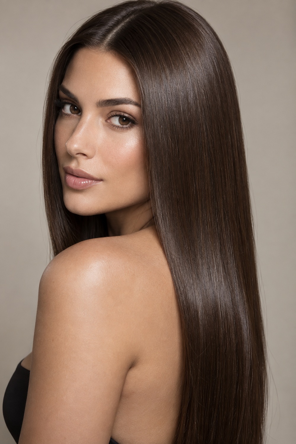 Long straight, sleek hair in deep espresso brown with a smooth glossy surface.