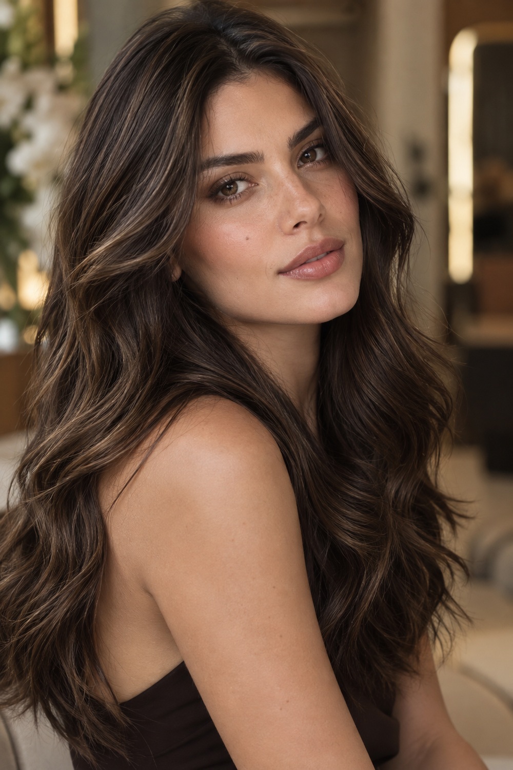 Long wavy dimensional espresso brown hair with subtle tonal variation.
