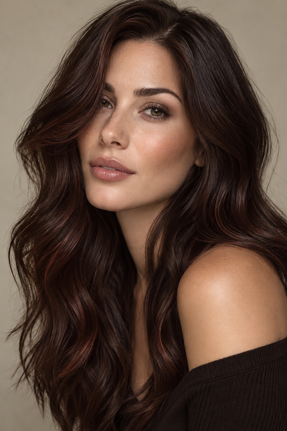 Long wavy espresso brown hair with a subtle red-auburn undertone.