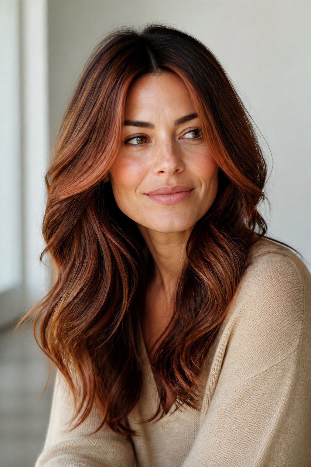 Long wavy ginger hair with warm copper patches and deeper brown roots.